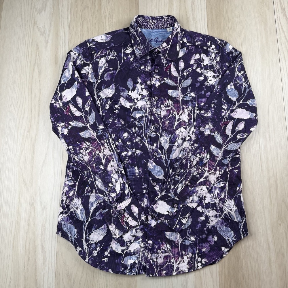 Robert Graham Sorrell Shirt Purple Floral Botanical Leaf Colorful Mens S Small